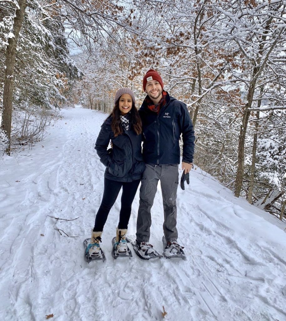 Couple Snowshoeing at Afton Alps near Stillwater Minnesota
