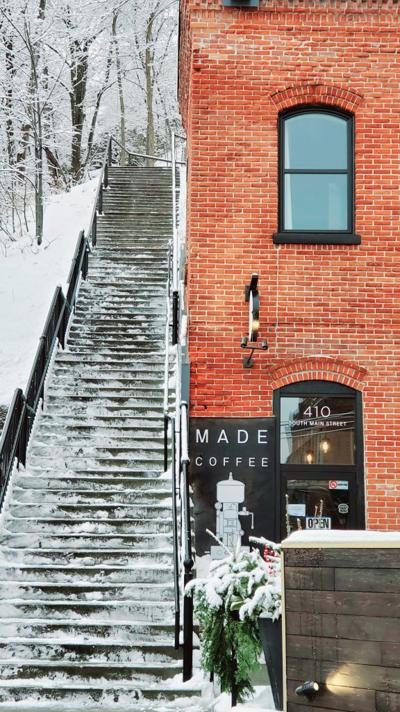 Historic stairs by made coffee in stillwater minnesota winter photo